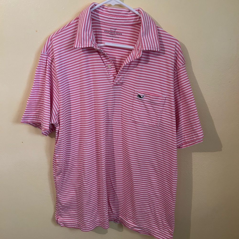 Pink and white striped polo